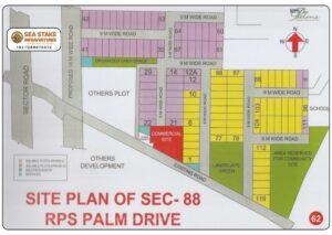 RPS Palm Drive Sector 88 Faridabad layout map showing residential plots, commercial site, landscaped green area, community space and internal road network