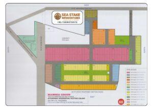 Mansha Group Sector 110 Faridabad layout map showing affordable residential plots, community area, commercial block, landscaped green parks and internal road network