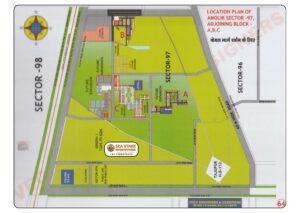 Amolik Sector 97 Faridabad location map showing Blocks A, B and C, future expansion areas, green belts, internal roads and surrounding sector connectivity
