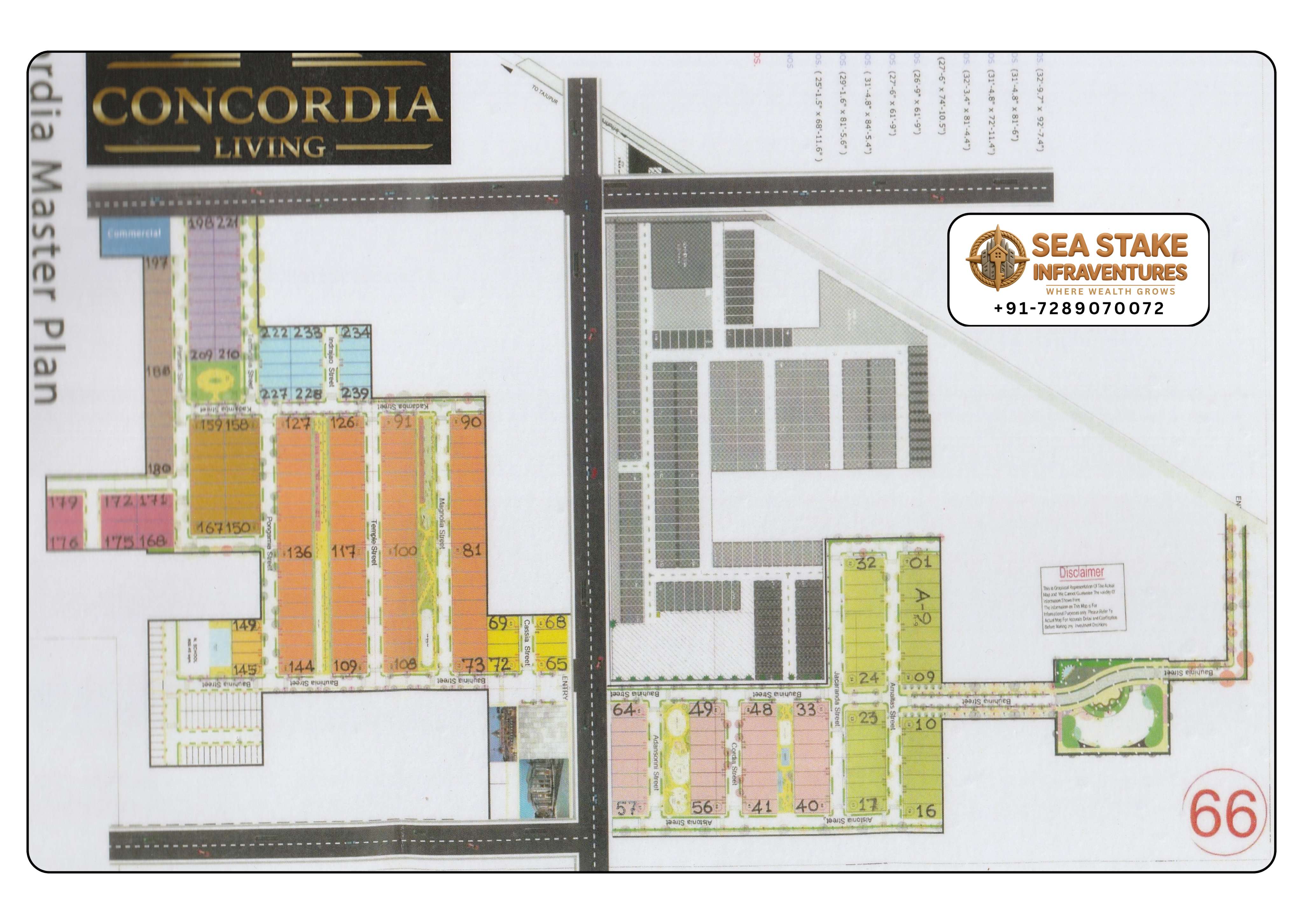 Concordia Living Faridabad master plan showing residential plots, commercial area, landscaped parks, internal roads and township layout