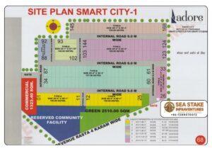 Adore Smart City 1 Sector 97 Faridabad layout map showing residential plots, commercial area, reserved community facility, landscaped green park and 9 meter internal roads