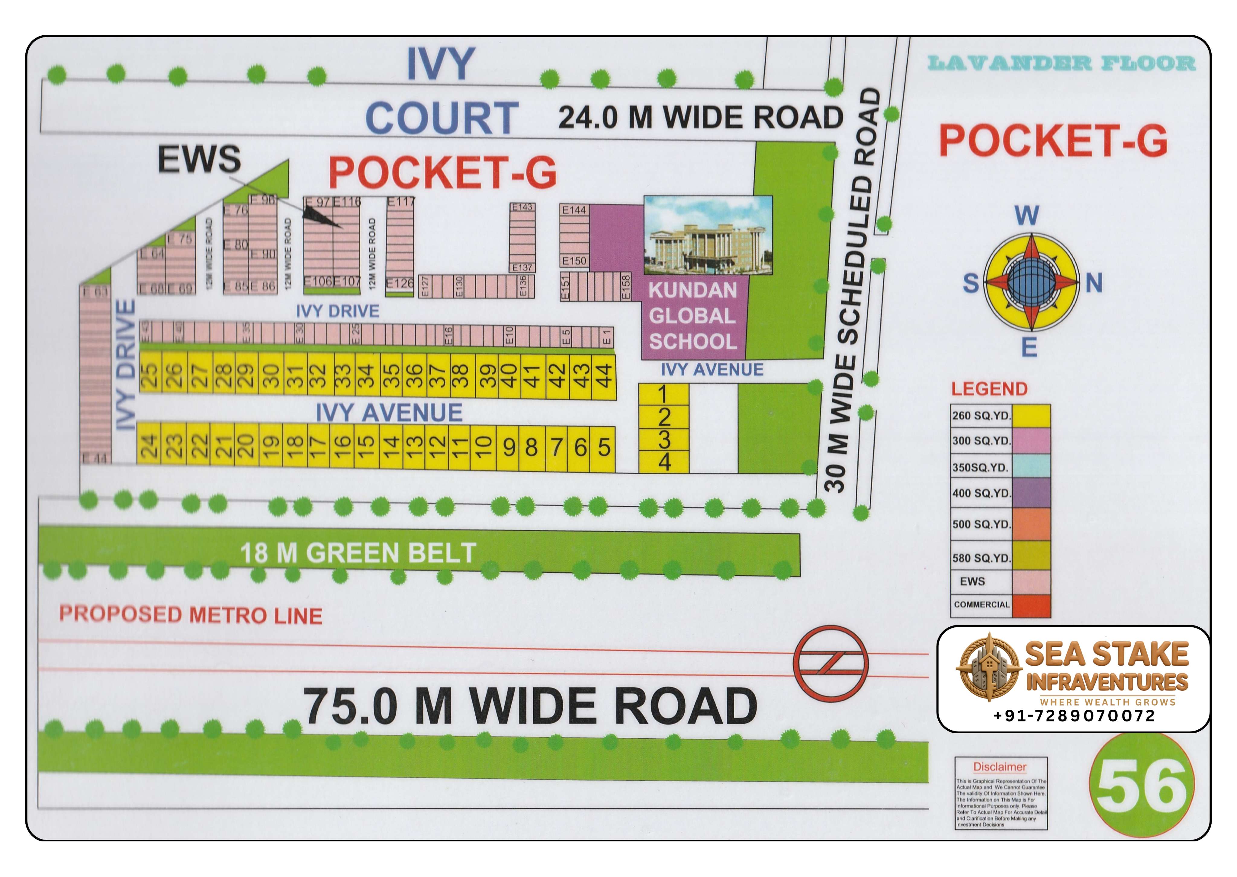Ivy Court Pocket G Sector 89 Faridabad layout map showing residential plots, Ivy Avenue, Ivy Drive, Kundan Global School, green belt, commercial area and wide road connectivity