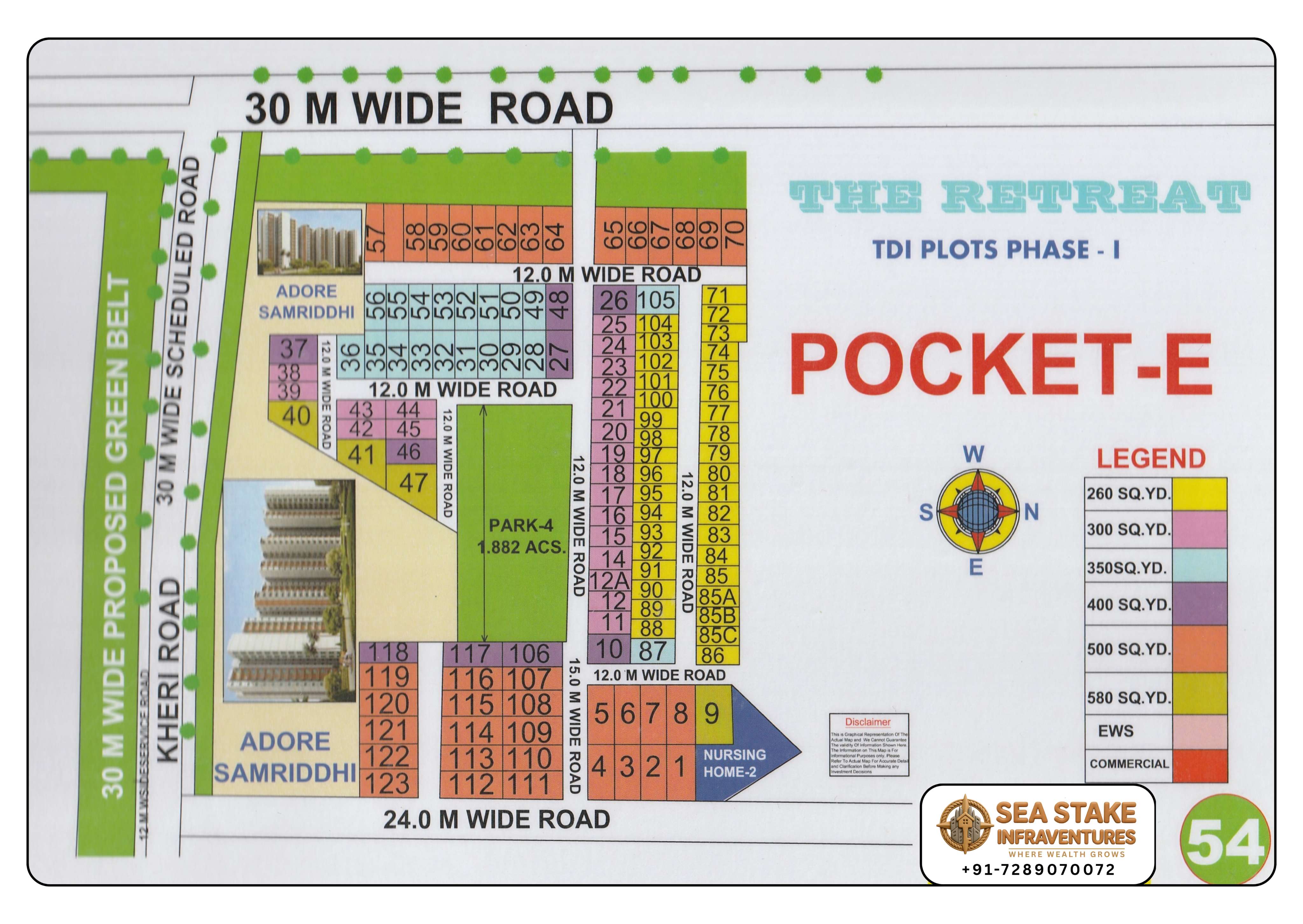 The Retreat Pocket E Sector 89 Faridabad layout map showing TDI Plots Phase 1, residential plots, Park-4, Adore Samriddhi towers, nursery home, green belt and wide road connectivity