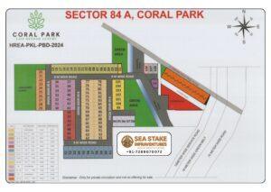 Coral Park Sector 84A Faridabad layout map showing residential plots, commercial area, community centre, landscaped green areas and 9 meter internal roads