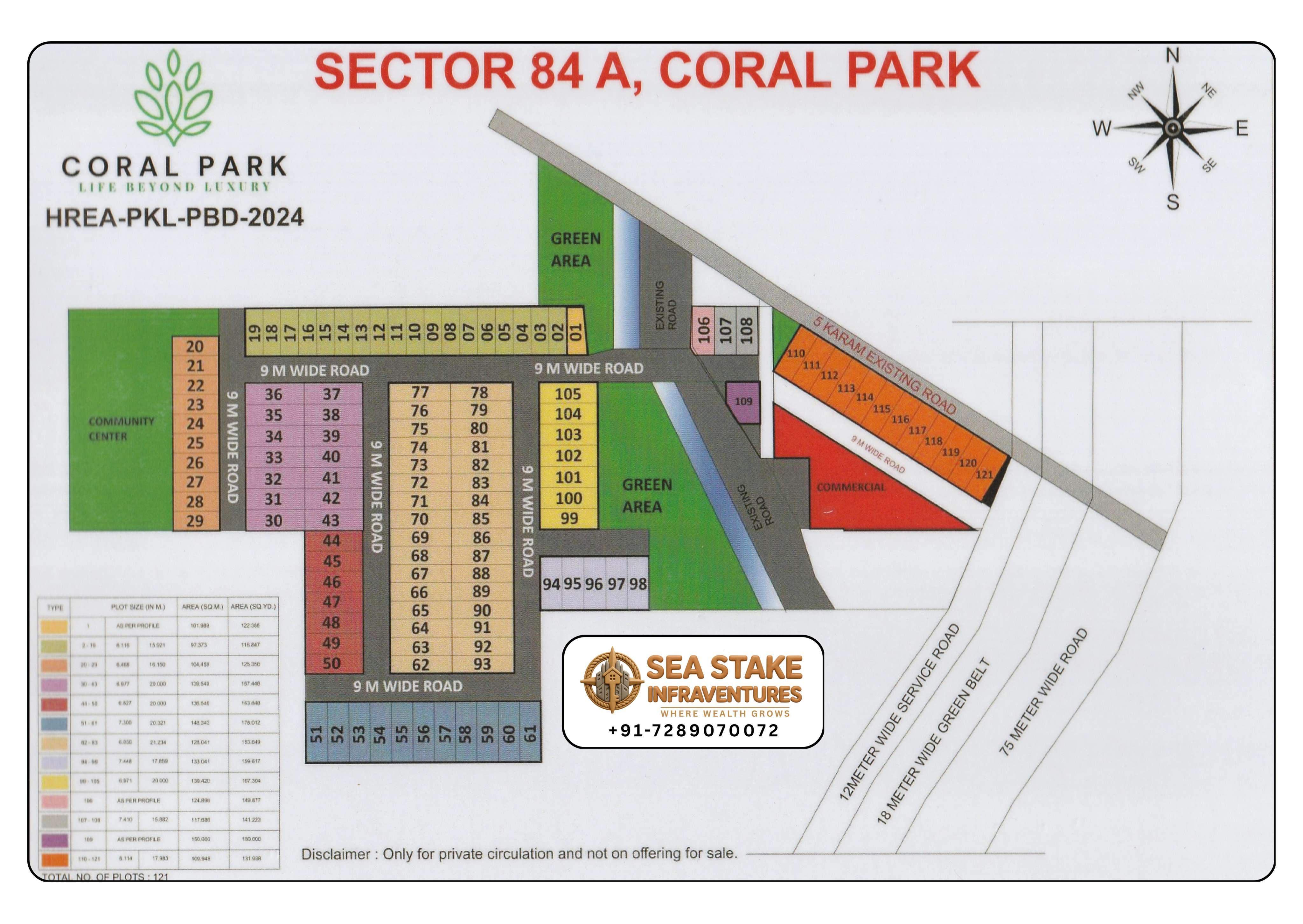 Coral Park Sector 84A Faridabad layout map showing residential plots, commercial area, community centre, landscaped green areas and 9 meter internal roads