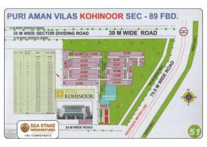 Puri Aman Vilas Kohinoor Sector 89 Faridabad layout map showing residential plots, landscaped gardens, community centre, SCO commercial block, proposed metro line and wide road connectivity