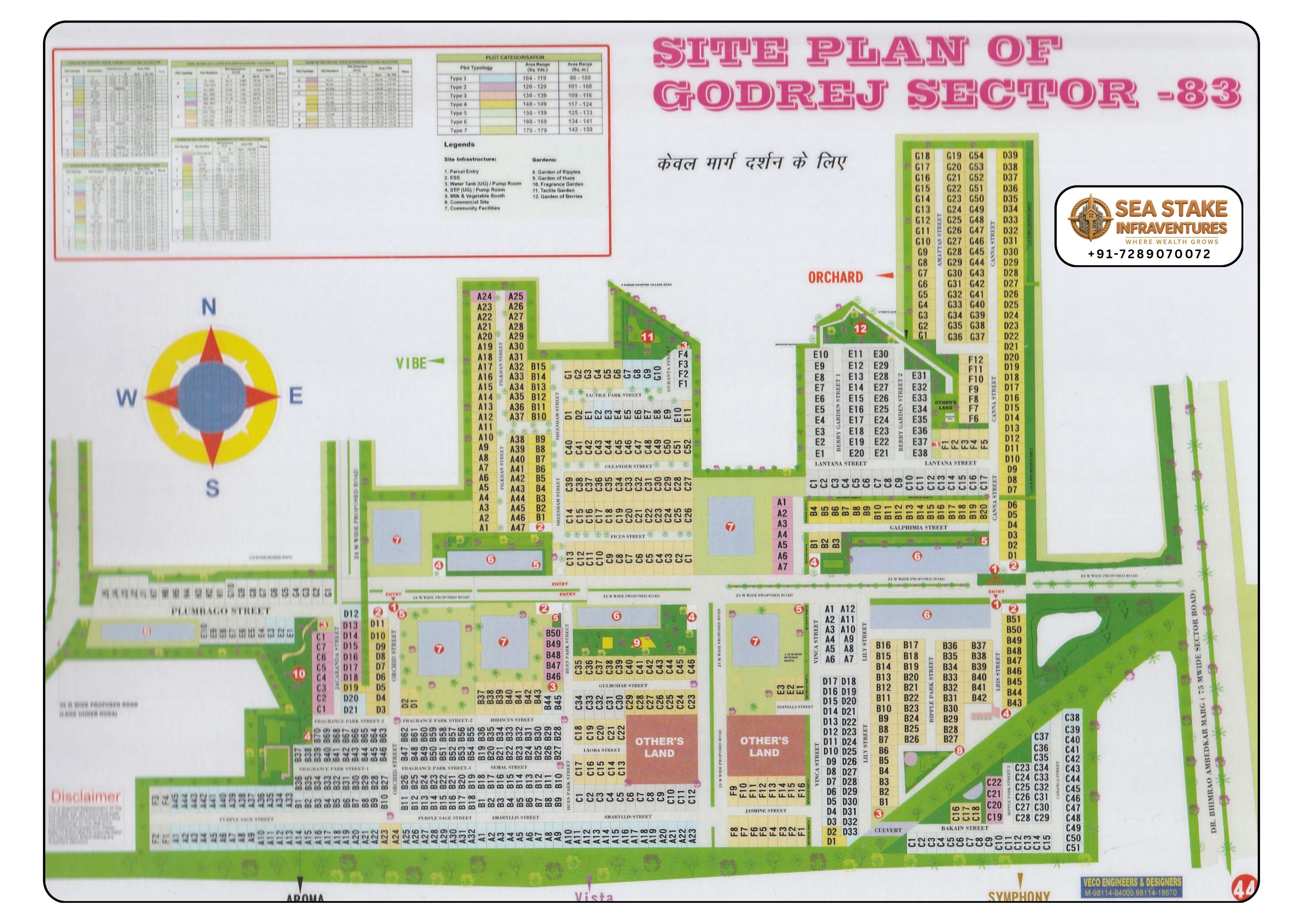 Godrej Sector 83 Faridabad layout map showing residential plots, internal roads, landscaped gardens, orchard areas, community facilities and township master plan