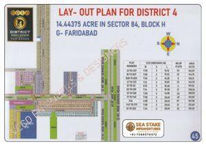 BPTP District 4 Sector 84 Block G layout map showing residential plots, commercial areas, community facilities, green belts, internal roads and township master plan in Greater Faridabad