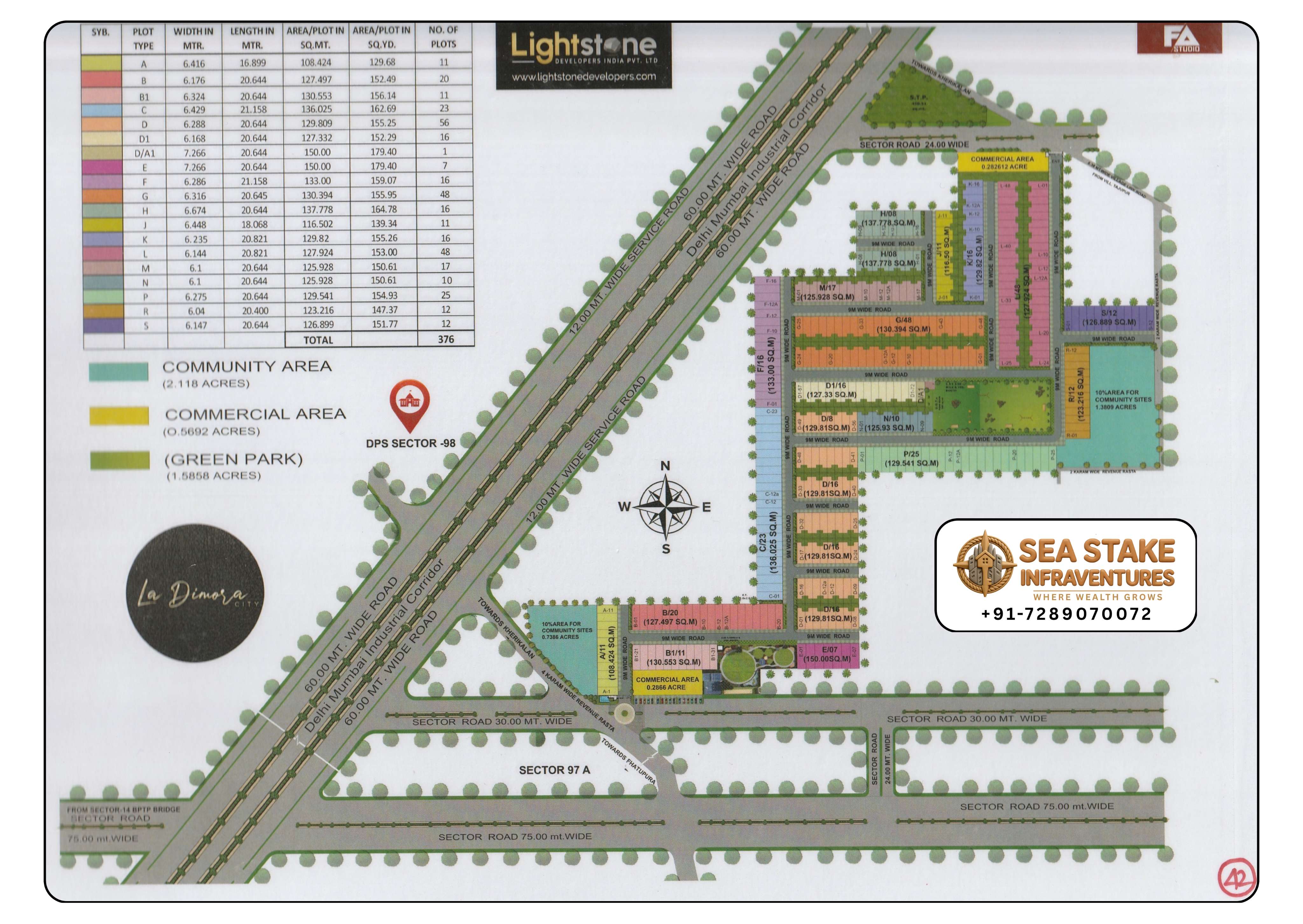 La Dimora City Sector 97 Faridabad layout map showing residential plots, commercial areas, green parks, community facilities, internal roads and township master plan by Lightstone Developers