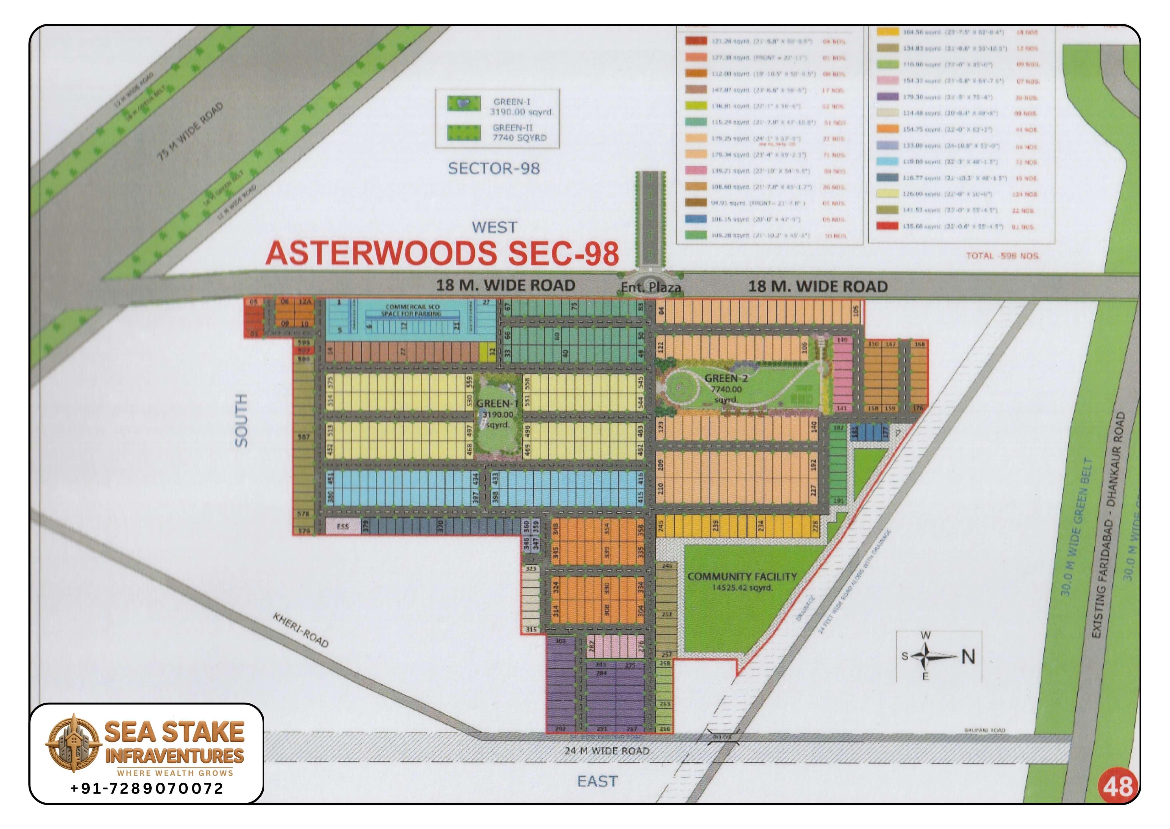 Asterwoods Sector 98 Faridabad layout map showing residential plots, commercial SCO spaces, landscaped parks, community facilities, entrance plaza and township master plan