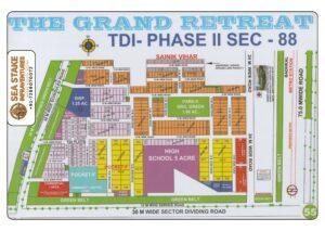 The Grand Retreat TDI Phase II Sector 88 Faridabad layout map showing residential plots, Pocket F, parks, high school, community centre, commercial area, proposed metro station and township master plan