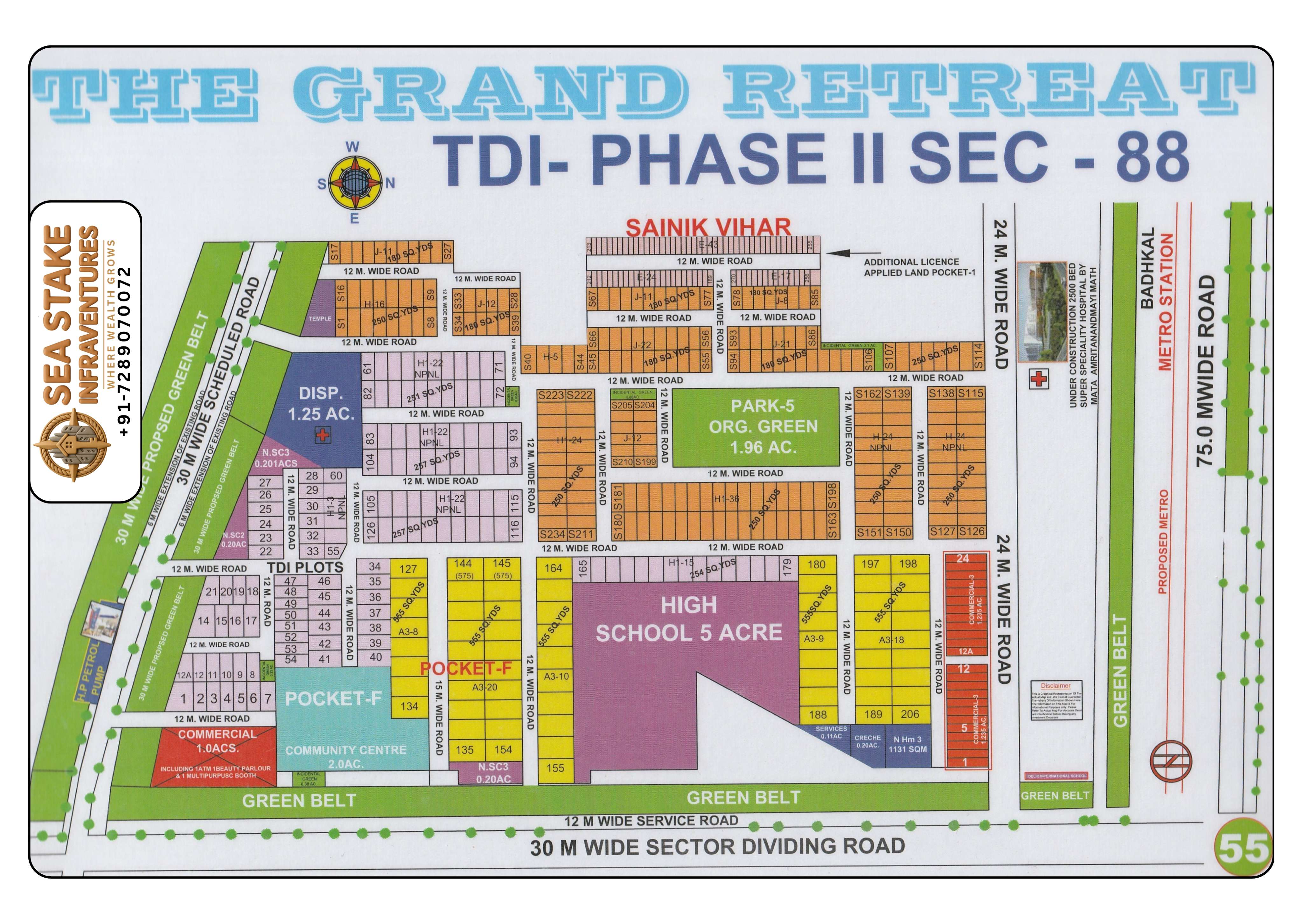 The Grand Retreat TDI Phase II Sector 88 Faridabad layout map showing residential plots, Pocket F, parks, high school, community centre, commercial area, proposed metro station and township master plan