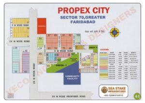 Propex City Sector 70 Greater Faridabad layout map showing residential plots, commercial area, Green-I, Green-II, community facility, internal roads and township master plan