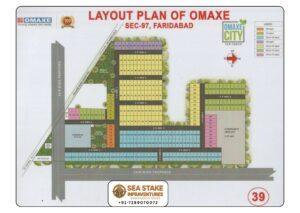 Omaxe City Sector 97 Faridabad layout map showing residential plots, commercial area, community facility, Green-I, Green-II, internal roads and township master plan