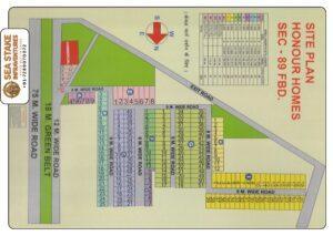 Honour Homes Sector 89 Faridabad layout map showing residential plots, commercial area, green belt, internal roads, exit road and township master plan