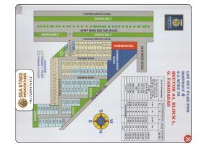 BPTP District 6 Sector 84 Block L layout map showing residential plots, commercial area, community site, green belts, service roads and township master plan