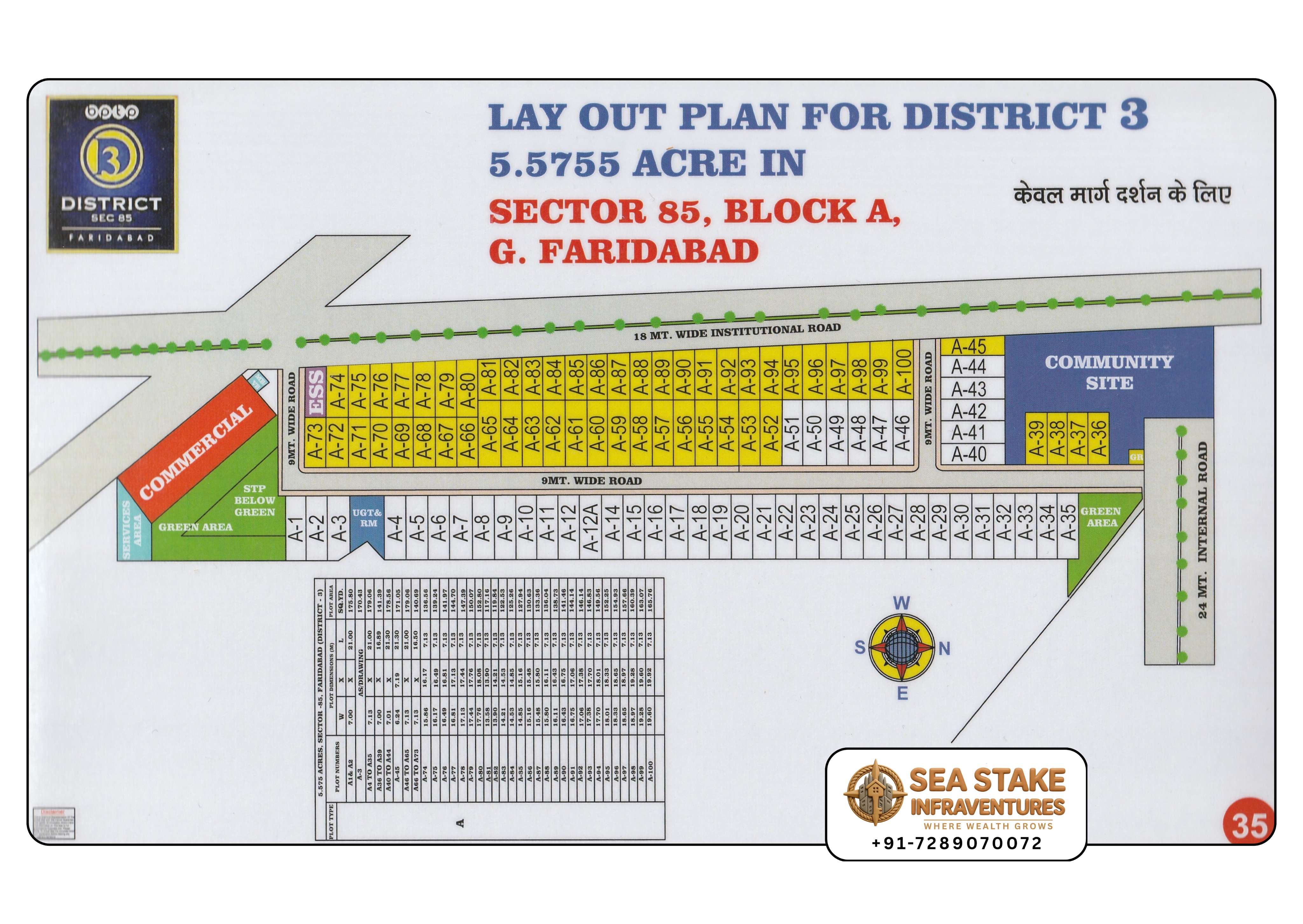 BPTP District 3 Sector 85 Block A layout map showing residential plots, commercial area, community site, green spaces, internal roads and township master plan