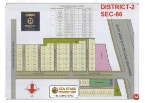 BPTP District 2 Sector 86 layout map showing residential plots, commercial area, green spaces, internal roads and township master plan