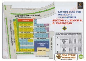 BPTP District 1 Sector 81 Block B layout map showing residential plots, commercial area, community site, internal roads and township master plan