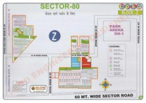BPTP Sector 80 Block Z layout map showing residential plots, Park Arena GH-1, primary school, commercial area and township master plan