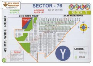 BPTP Sector 76 Block Y layout map showing residential plots, police post, green areas, internal roads and township master plan