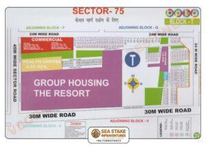 BPTP Sector 75 Block T layout map showing residential plots, Health Centre, Group Housing, commercial area, taxi stand and wide roads