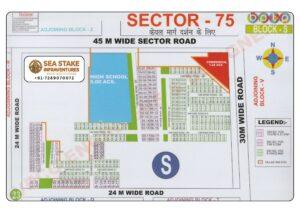 BPTP Sector 75 Block S layout map showing residential plots, High School, commercial area, green spaces and wide roads