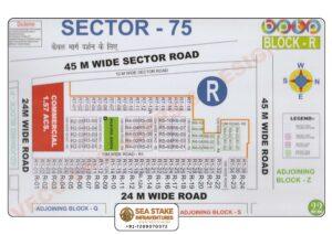 BPTP Sector 75 Block R layout map showing residential plots, commercial area, milk and vegetable booth, green spaces and wide roads