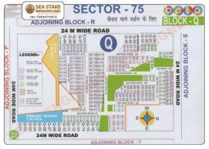 BPTP Sector 75 Block Q layout map showing residential plots, primary school, ESS site, neighborhood shopping area and wide roads