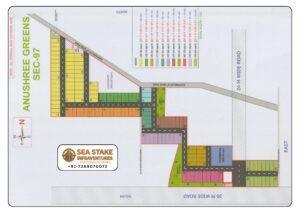 Anushree Greens Sector 97 Faridabad layout map showing residential plots, commercial block, internal roads, community area and green spaces