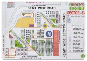 BPTP Sector 83 Block M layout map showing residential plots, Elite Floors, SCO commercial plots, neighborhood hall, green spaces and wide roads