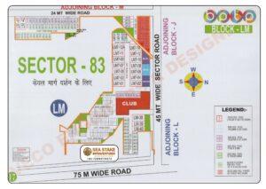 BPTP Sector 83 Block LM layout map showing residential plots, Elite Floors, club, SCO commercial plots, neighbourhood amenities and wide roads