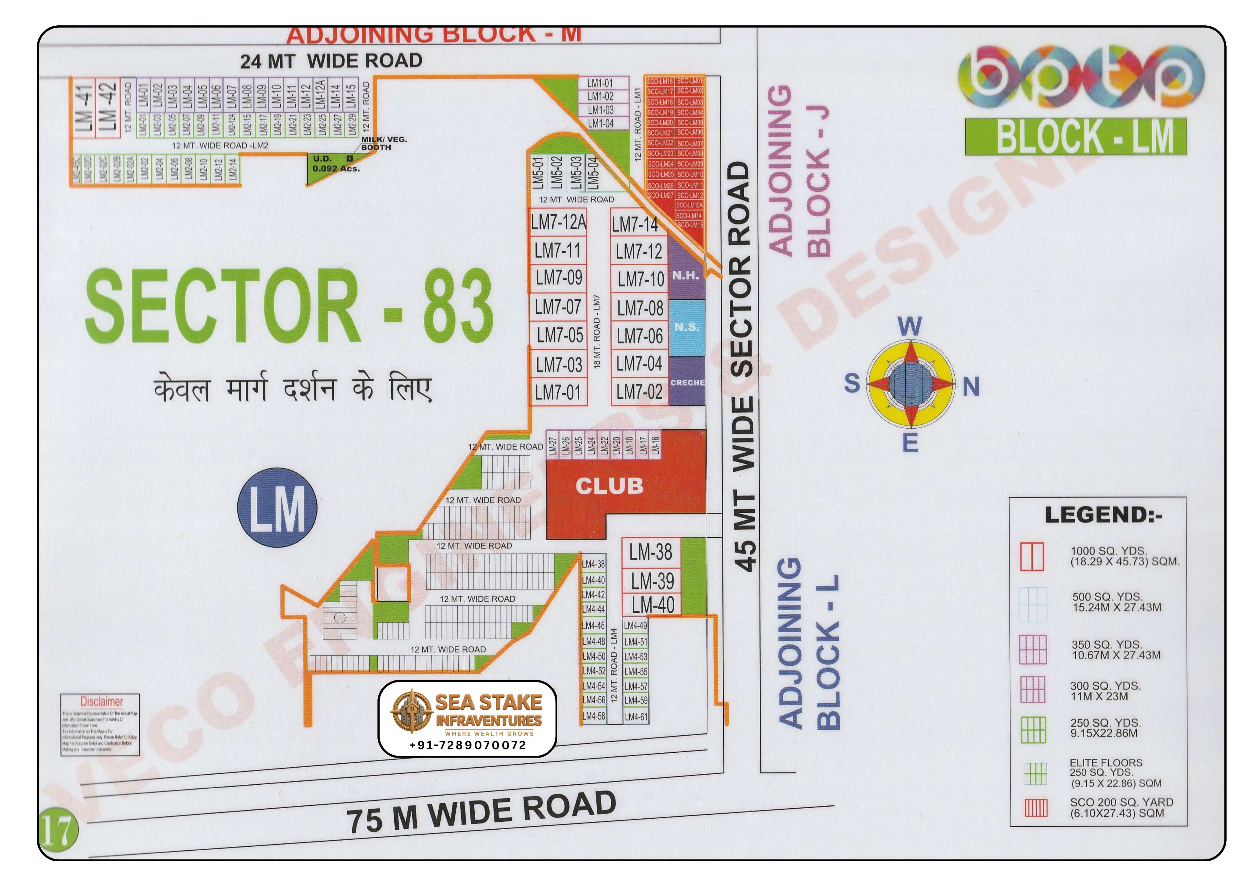 BPTP Sector 83 Block LM layout map showing residential plots, Elite Floors, club, SCO commercial plots, neighbourhood amenities and wide roads