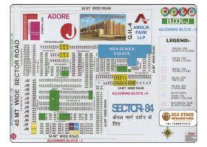 BPTP Sector 84 Block J layout map showing residential plots, Elite Floors, SCO commercial plots, High School, parks, neighbourhood shopping and wide roads