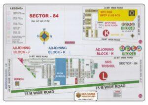 BPTP Sector 84 Block L layout map showing residential plots, Elite Floors, High School, EWS housing, green belt and wide roads in Greater Faridabad