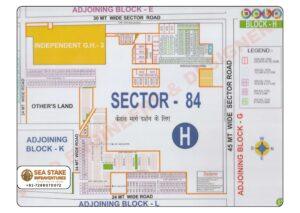 BPTP Sector 84 Block H layout map showing residential plots, Independent Group Housing, neighbourhood shopping, dispensary and wide roads in Greater Faridabad