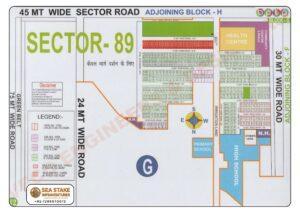 BPTP Sector 89 Block G layout map showing residential plots, villa plots, SCO commercial plots, schools, health centre, community centre and wide roads