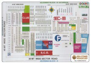 BPTP Sector 88 Block F layout map showing residential plots, villa plots, SCO commercial plots, club, primary schools, police post and community facilities in Greater Faridabad