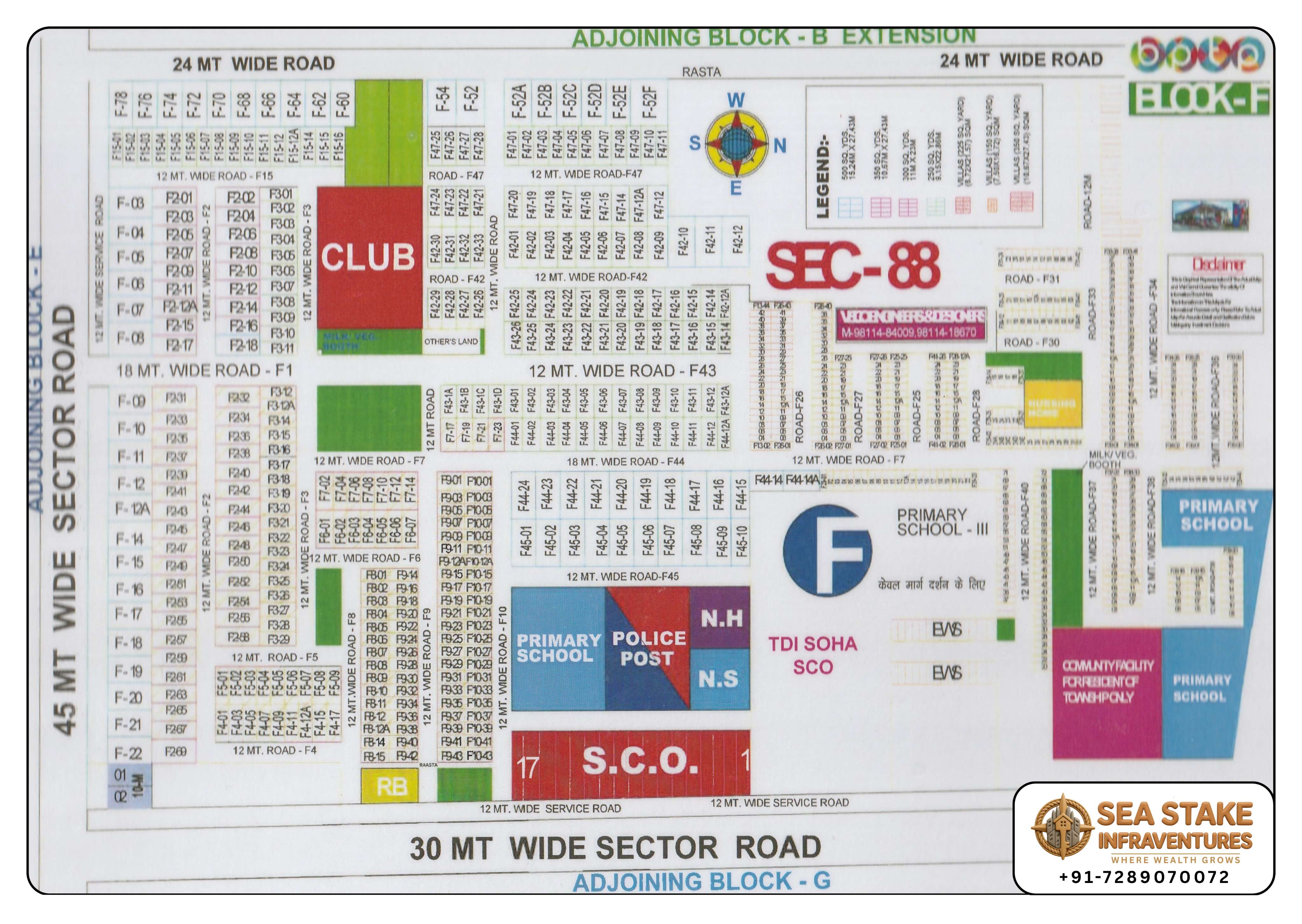BPTP Sector 88 Block F layout map showing residential plots, villa plots, SCO commercial plots, club, primary schools, police post and community facilities in Greater Faridabad