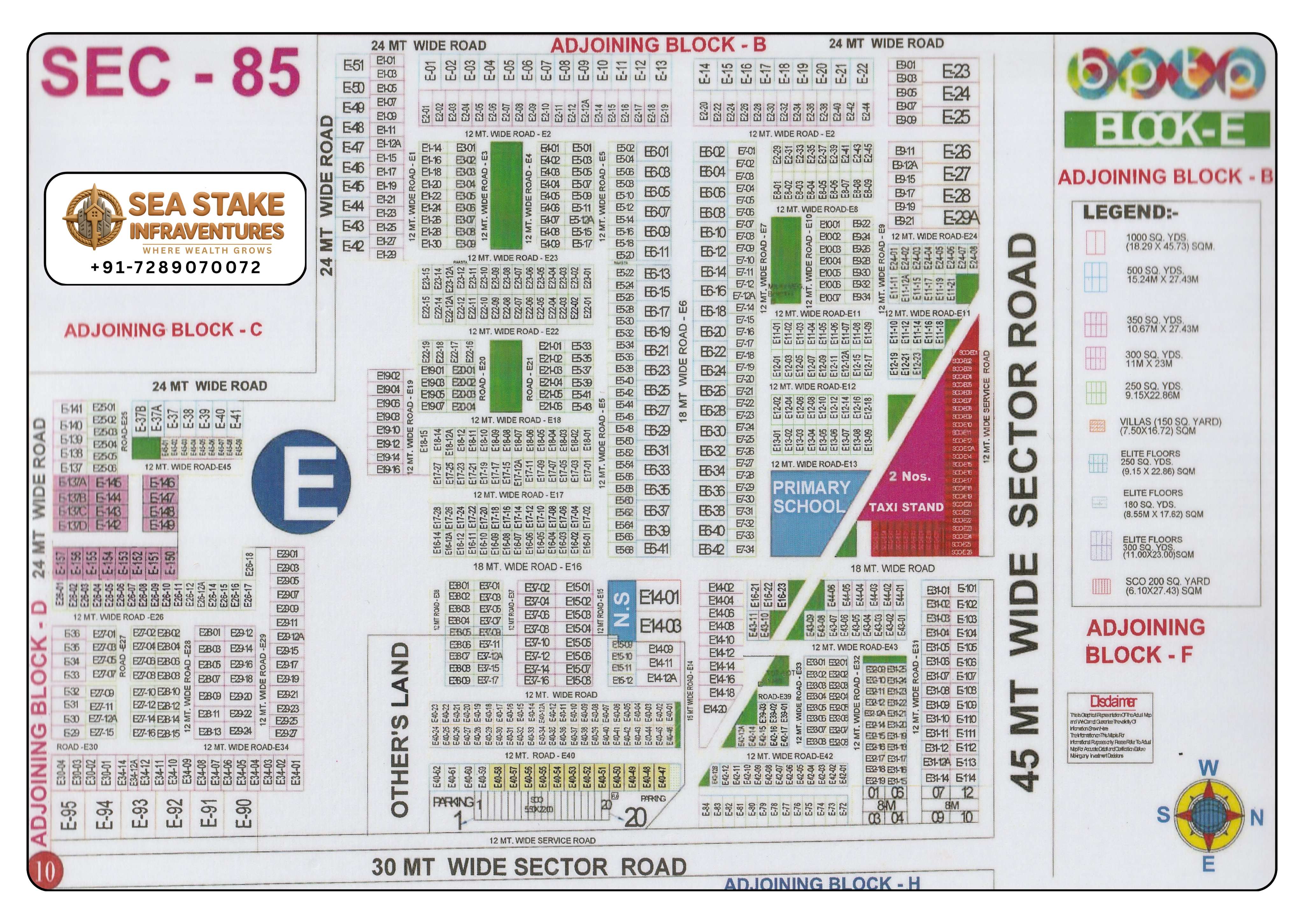 BPTP Sector 85 Block E layout map showing residential plots, Elite Floors, villa plots, Primary School, taxi stand, SCO commercial plots and wide roads in Greater Faridabad