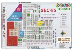 BPTP Sector 85 Block D layout map showing residential plots, High School, Community Centre, Primary School, Club, SCO commercial spaces and wide roads in Greater Faridabad