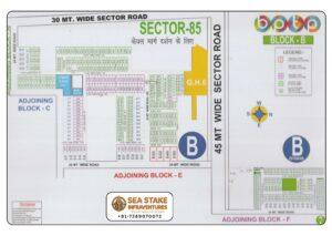 BPTP Sector 85 Block B layout map showing residential plots, Group Housing GH-6, Primary School, B Extension, neighbourhood shopping and wide roads in Greater Faridabad