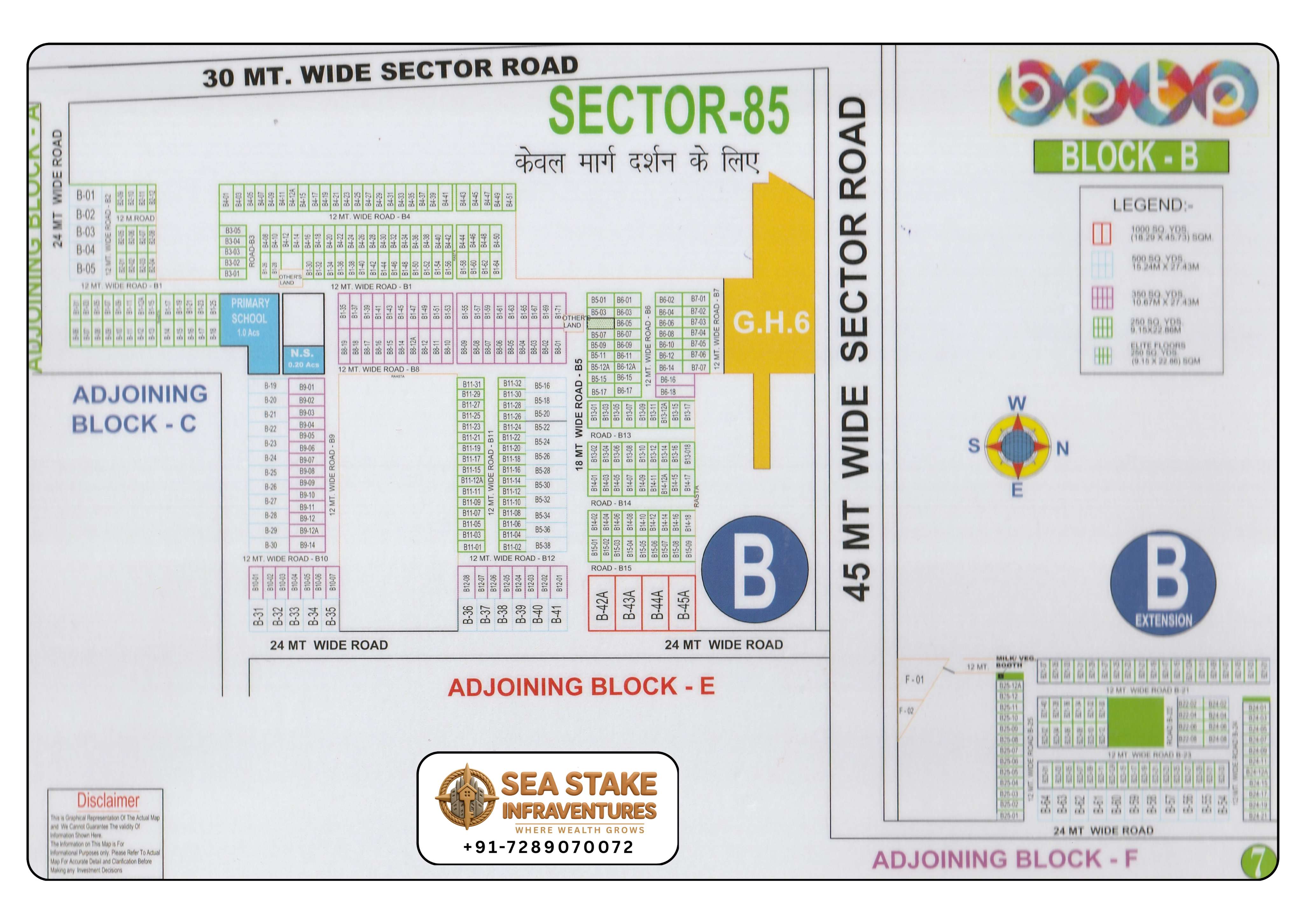 BPTP Sector 85 Block B layout map showing residential plots, Group Housing GH-6, Primary School, B Extension, neighbourhood shopping and wide roads in Greater Faridabad