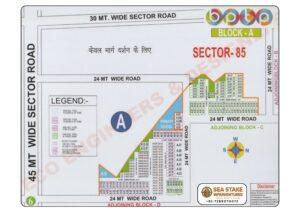 BPTP Sector 85 Block A layout map showing residential plots, Elite Floors, Primary School, neighbourhood shopping, milk and vegetable booth and wide roads in Greater Faridabad