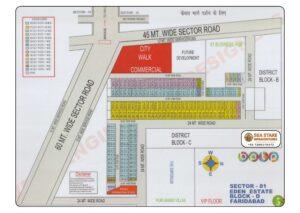 BPTP Eden Estate Sector 81 Block D layout map showing residential plots, City Walk Commercial, 81 Business Hub, Aravali International School and wide roads in Greater Faridabad