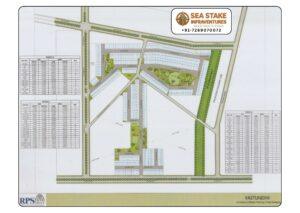 RPS City residential plots layout map showing Pocket A, Pocket B, Pocket C, landscaped parks, green belt, proposed railway line and internal roads in Faridabad