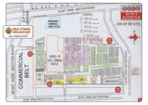 BPTP Sector 81 allotment plan showing Aqua Block, Coral Block, Gold Block, Violet Block, Group Housing GH-2, commercial area, primary school and residential plots in Greater Faridabad