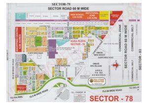 HUDA Sector 78 layout map showing residential plots, shopping centre, commercial zone, institutional area, parks, community centre and wide roads in Greater Faridabad