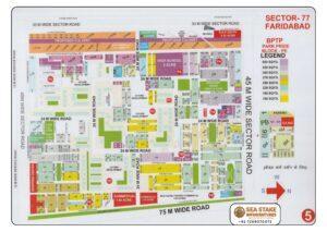 BPTP Park Pride Block PE Sector 77 layout map showing residential plots, hospital, high school, shopping centre, commercial areas, parks and wide roads in Greater Faridabad