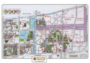 BPTP master layout map showing township planning across Sectors 75 to 89 in Greater Faridabad with residential sectors, commercial areas, institutional belts, schools, hospitals and wide roads